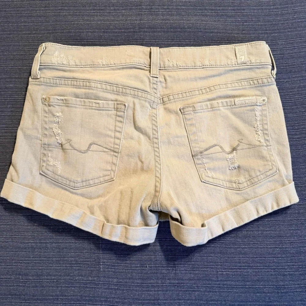7 For All Mankind Tan Distressed Denim Shorts Button Fly Low Rise Size 27 Gray